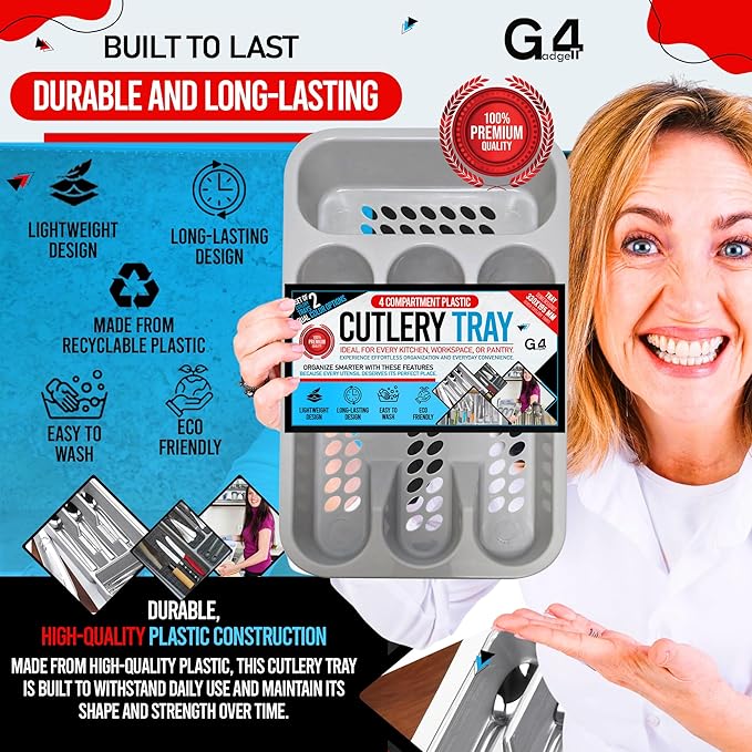 Cutlery Tray 4 Compartment Gray Plastic Kitchen Drawer Organiser Rack Utensils Spoons