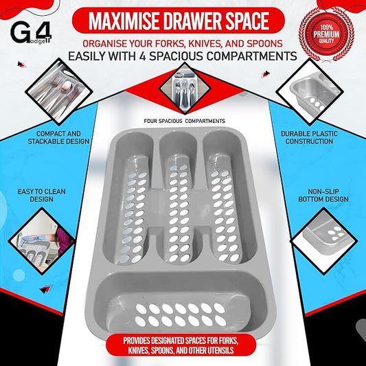 Cutlery Tray 4 Compartment Gray Plastic Kitchen Drawer Organiser Rack Utensils Spoons