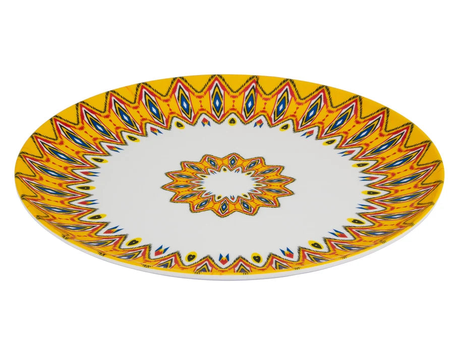 35cm Large Round Plate with Decorative Yellow Pattern - Melamine Dish Platter