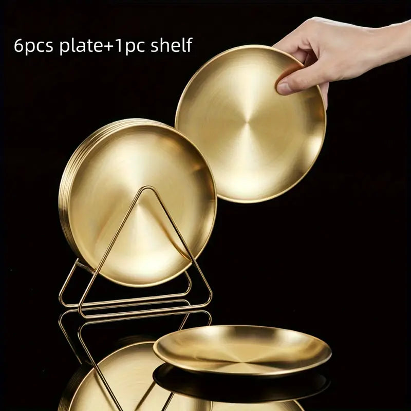 Set of 6 Korean-Style Stainless Steel Shallow Round Plates