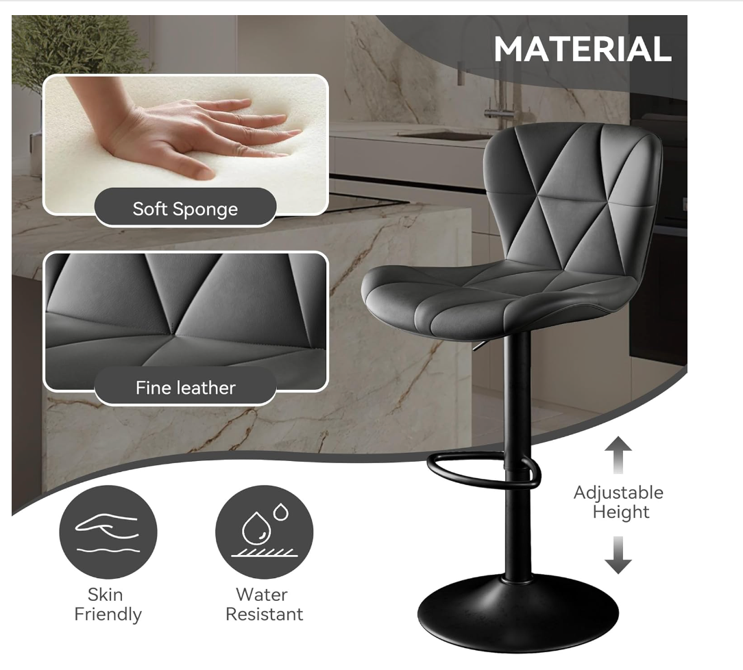 Bar Stool,RO11 Adjustable Swivel Barstools, Faux Leather Bar Chairs,Upholstered Counter Height with High Backrest for Kitchen Island, Black (Copy) (Copy)