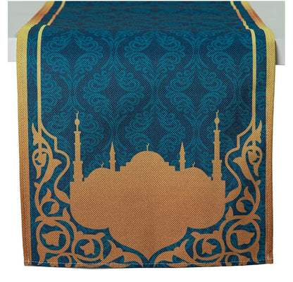 Eid Mubarak Table Runner, Ramadan Table Decorations Blue Gold Mosque Polyester Tablecloth Eid Mubarak Decoration for Home Table Muslim Islamic Holiday Religious Dining Room Ramadan Party Decoration