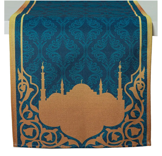 Eid Mubarak Table Runner, Ramadan Table Decorations Blue Gold Mosque Polyester Tablecloth Eid Mubarak Decoration for Home Table Muslim Islamic Holiday Religious Dining Room Ramadan Party Decoration