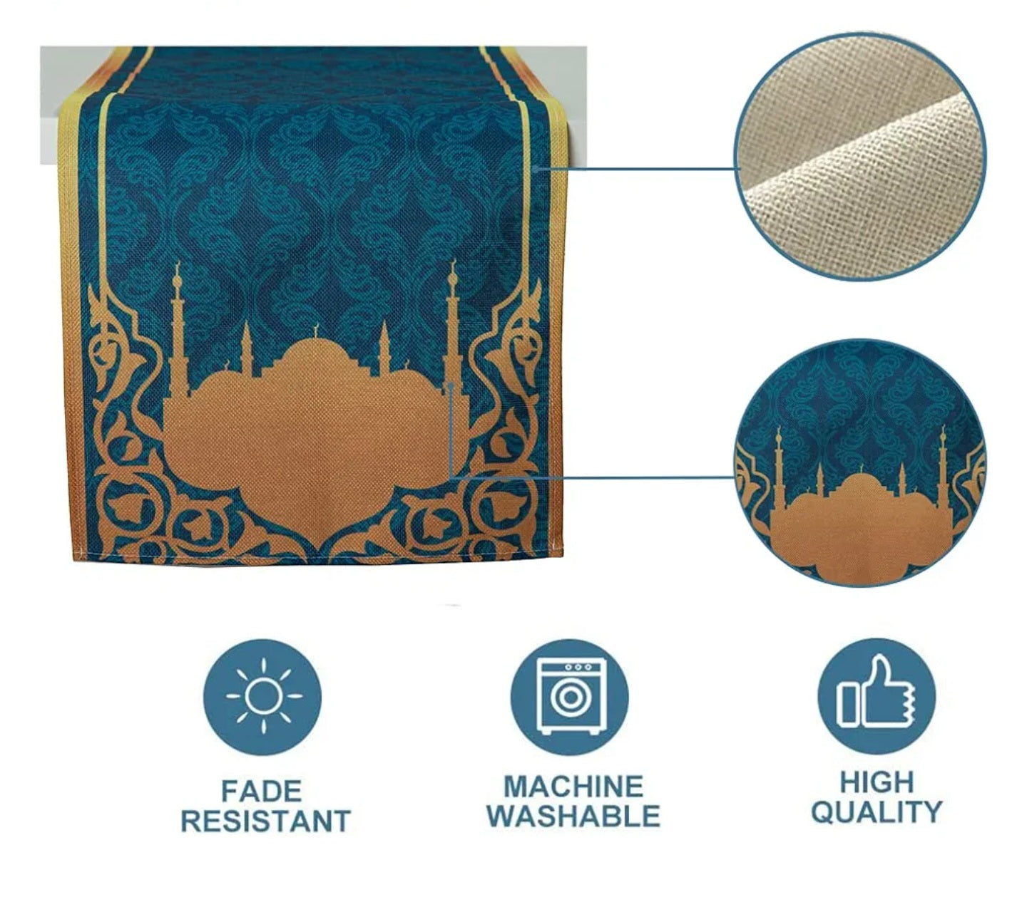 Eid Mubarak Table Runner, Ramadan Table Decorations Blue Gold Mosque Polyester Tablecloth Eid Mubarak Decoration for Home Table Muslim Islamic Holiday Religious Dining Room Ramadan Party Decoration