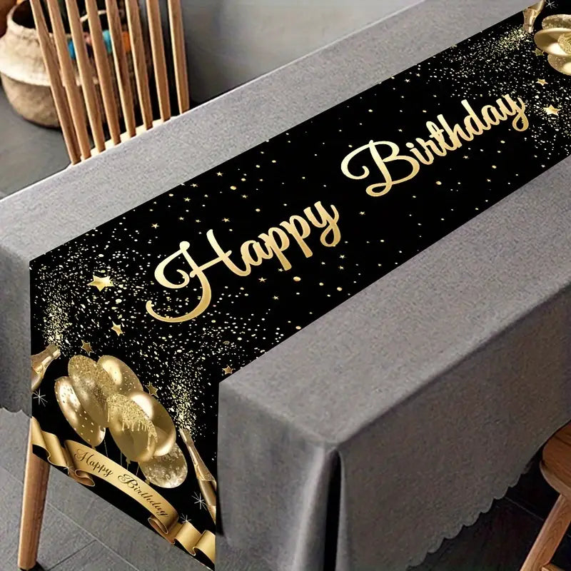 1pc,Black Golden Happy Birthday Table Runner