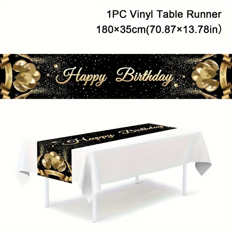 1pc,Black Golden Happy Birthday Table Runner