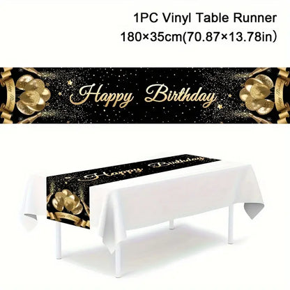 1pc,Black Golden Happy Birthday Table Runner