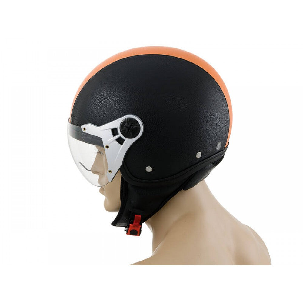 Motorbike Helmet Vintage Leather Look Open Face XL 61cm Black with Orange Stripe