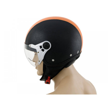 Motorbike Helmet Vintage Leather Look Open Face XL 61cm Black with Orange Stripe