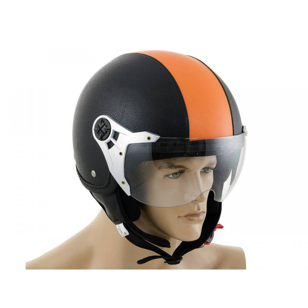Motorbike Helmet Vintage Leather Look Open Face XL 61cm Black with Orange Stripe