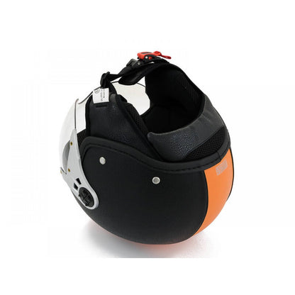 Motorbike Helmet Vintage Leather Look Open Face XL 61cm Black with Orange Stripe