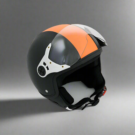 Motorbike Helmet Vintage Leather Look Open Face XL 61cm Black with Orange Stripe