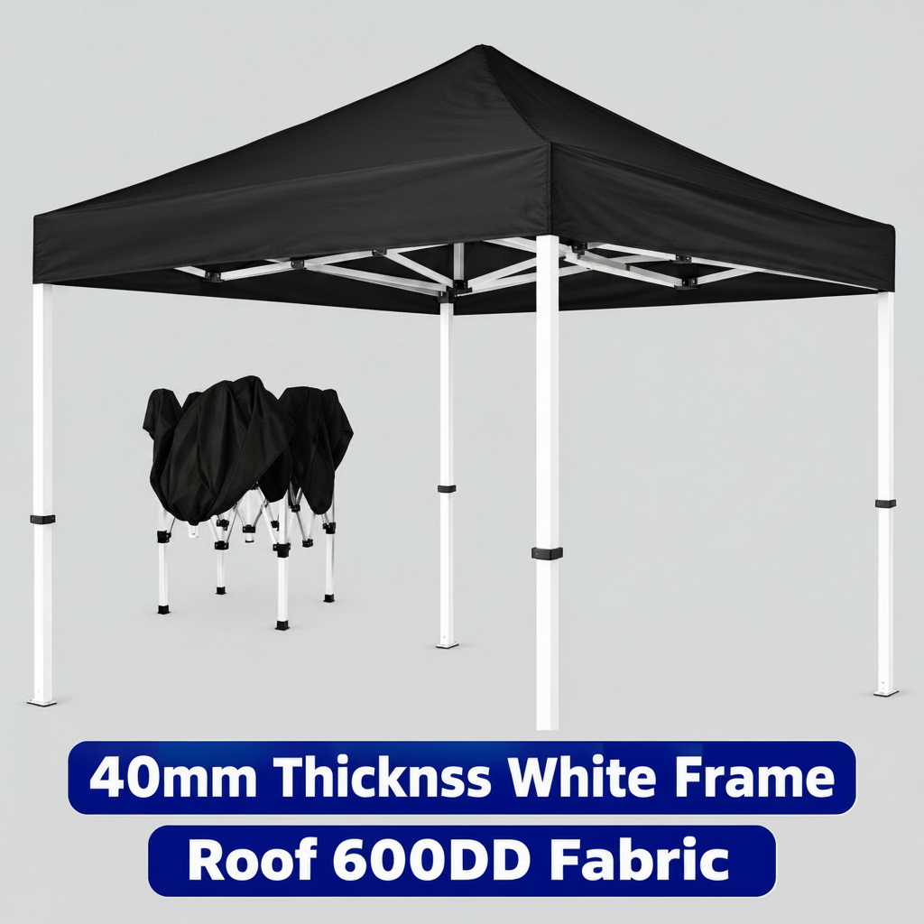 Gazebo 2mx2m Black Heavy Duty 40mm White Frame