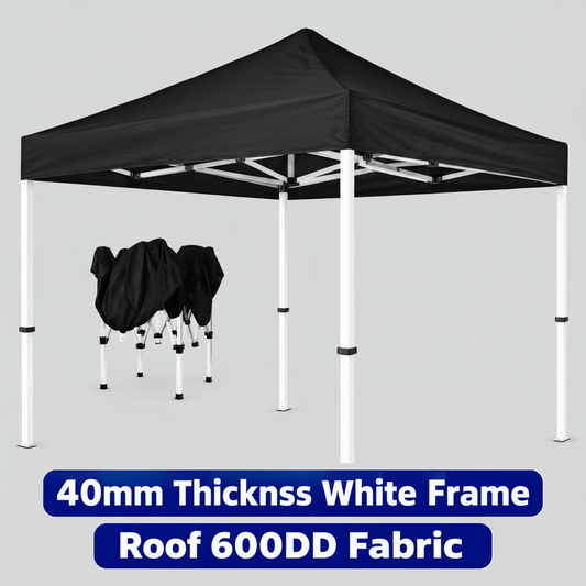Gazebo 2mx2m Black Heavy Duty 40mm White Frame