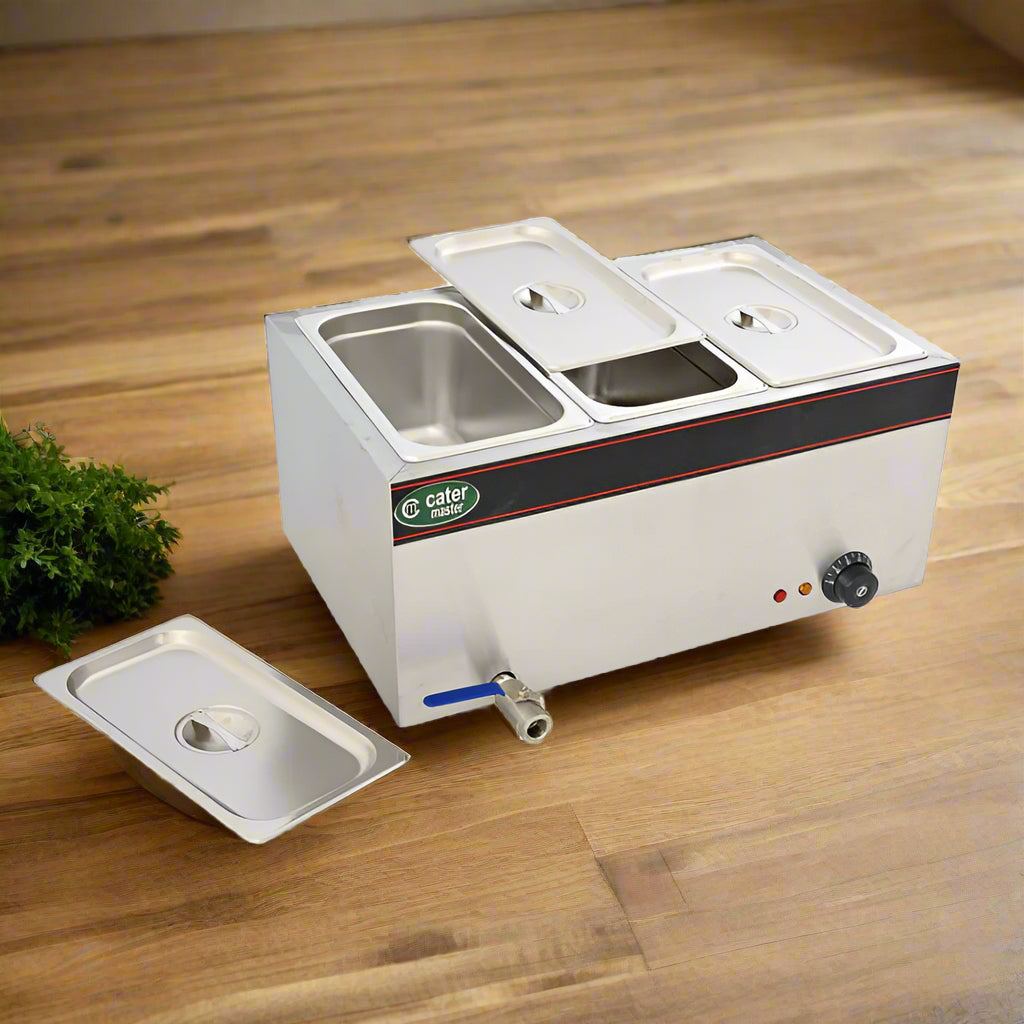 Hot Food Warmer Bain Marie 3x 1/3 GN Tray + Lids - 1.5kW - Commercial Bainmarie