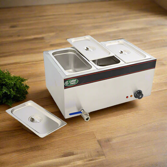 Hot Food Warmer Bain Marie 3x 1/3 GN Tray + Lids - 1.5kW - Commercial Bainmarie