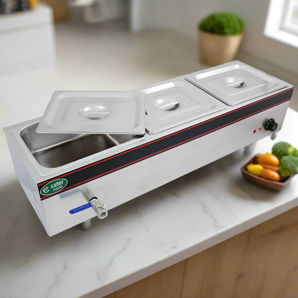 Hot Food Warmer Bain Marie 3x 1/2 GN Tray + Lids - 1.5kW - Commercial Bainmarie