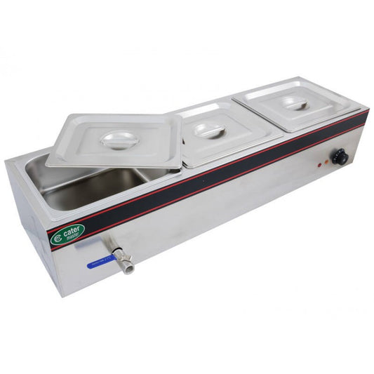 Hot Food Warmer Bain Marie 3x 1/2 GN Tray + Lids - 1.5kW - Commercial Bainmarie