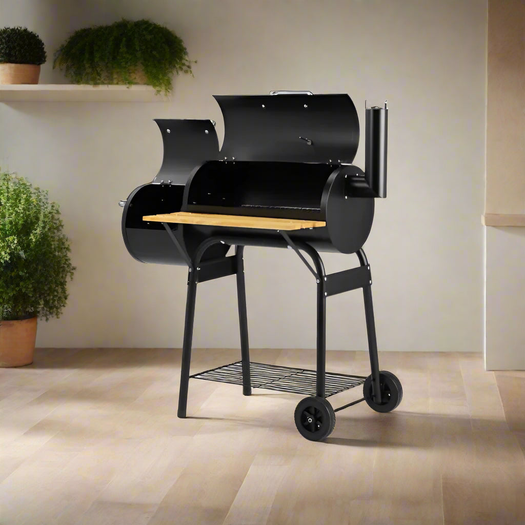 3-In-1 Smoker BBQ Charcoal Grill - Barrel Barbeque with Side Box