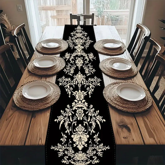 1pc Elegant Black and White Floral Table Runner