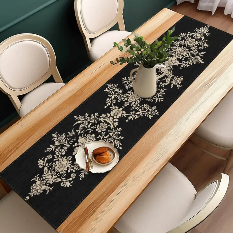 1pc Elegant Black and White Floral Table Runner
