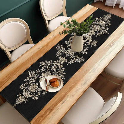 1pc Elegant Black and White Floral Table Runner