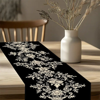 1pc Elegant Black and White Floral Table Runner