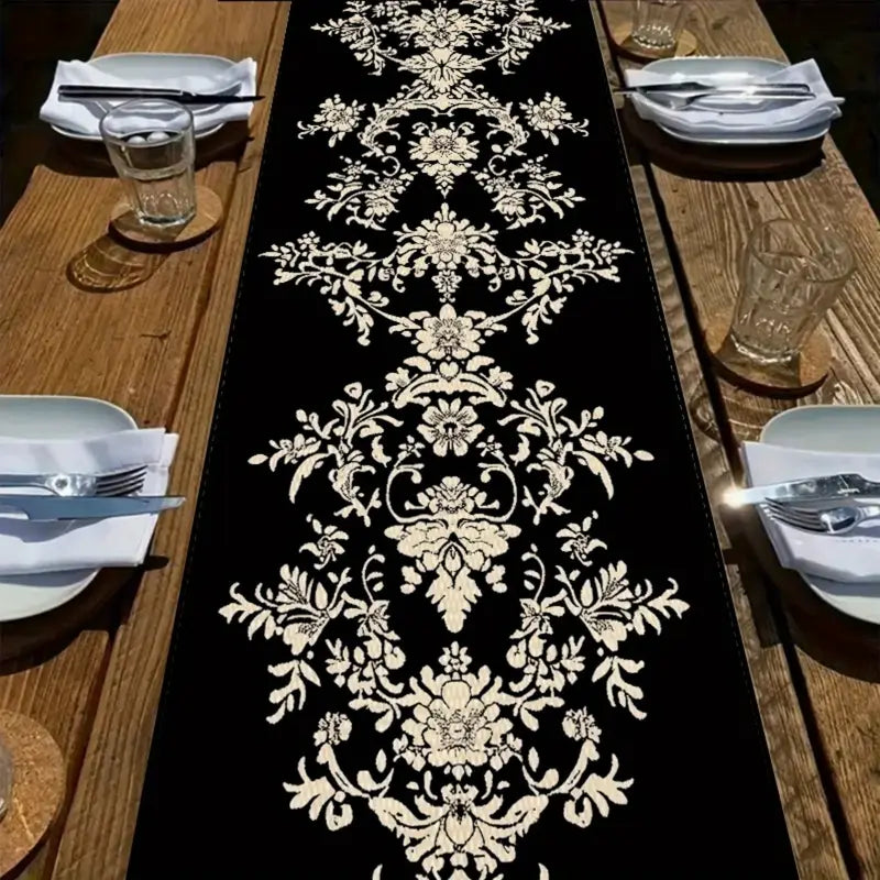 1pc Elegant Black and White Floral Table Runner