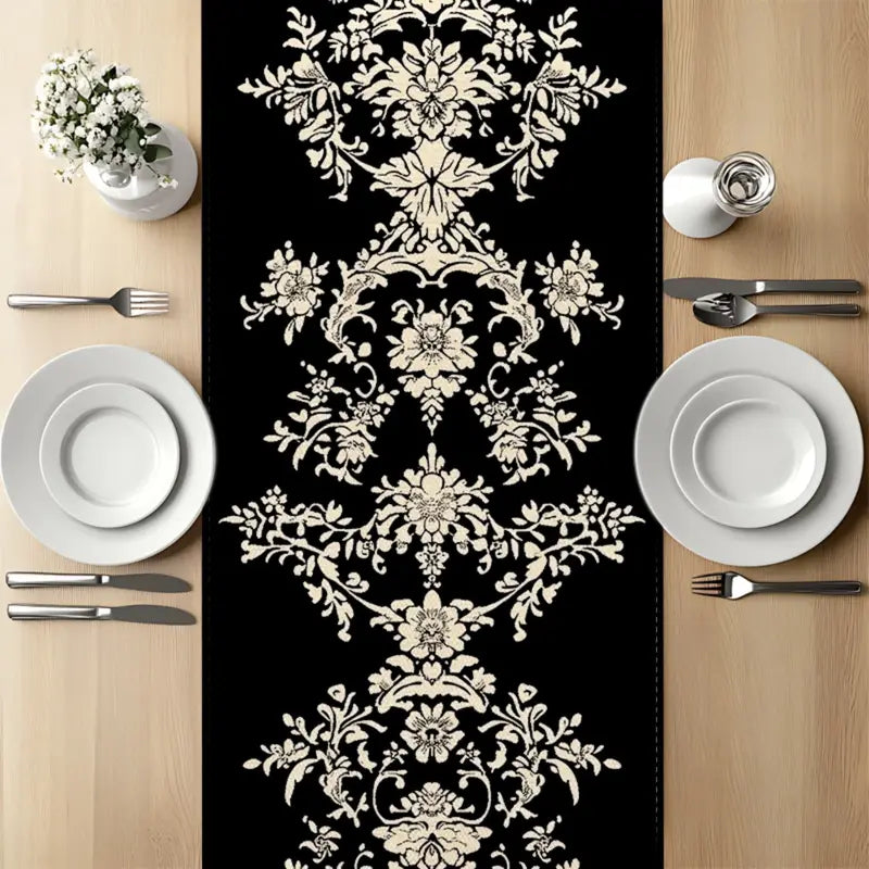 1pc Elegant Black and White Floral Table Runner