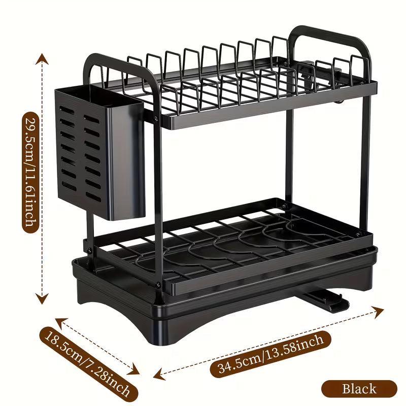 2-Tier Metal Dish Drying Rack with Drainboard, Multifunctional Kitchen Dish Rack with Utensil Holder&Cutting Boards, Space Saving Dish Rack, Metal Kitchen Organizer