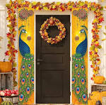 A pair of Diwali Celebration Door Banners Wall- Yellow Peacock Diwali Party NO 23
