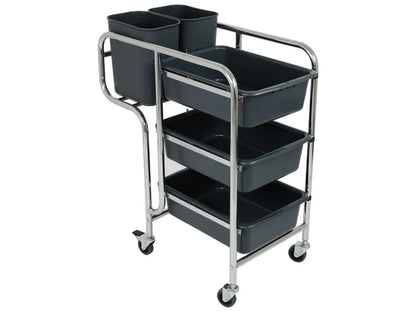 3 Tier Trolley Service Cart | 3x Deep Tray + 2x End Bins | Commercial Cleaning