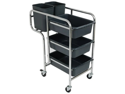 3 Tier Trolley Service Cart | 3x Deep Tray + 2x End Bins | Commercial Cleaning