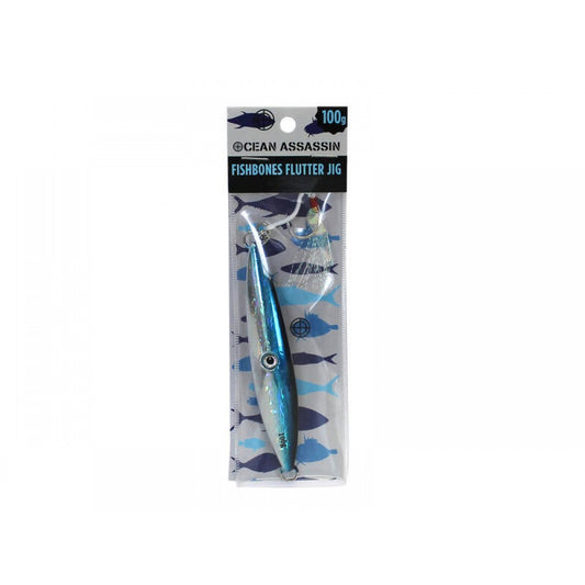 100g Fishbones Flutter Jig - Blue - Holographic Fishing Lure