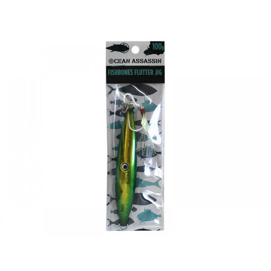 100g Fishbones Flutter Jig - Green - Holographic Fishing Lure