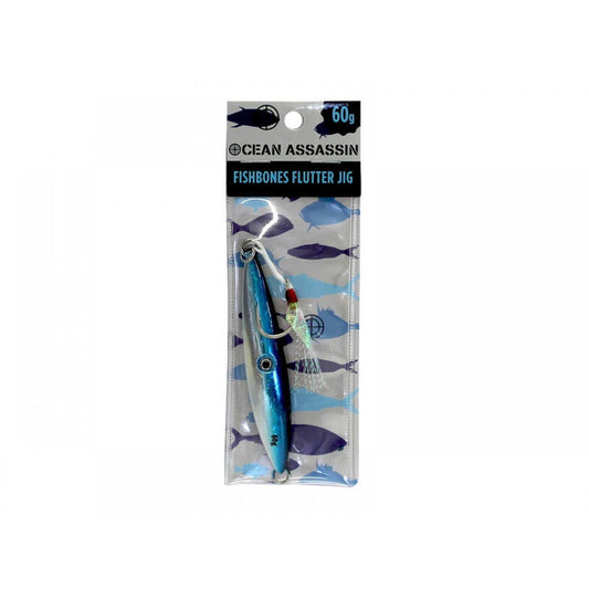 60g Fishbones Flutter Jig - Blue - Holographic Fishing Lure