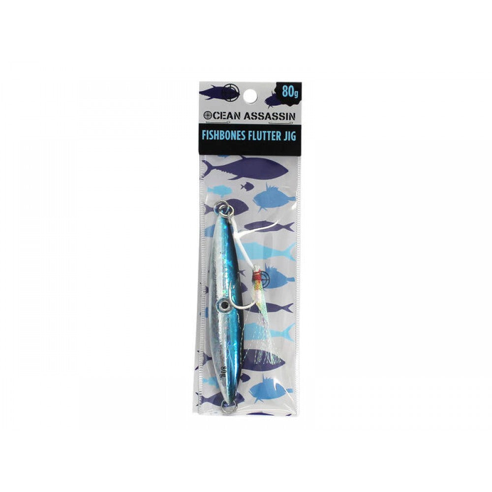 80g Fishbones Flutter Jig - Blue - Holographic Fishing Lure
