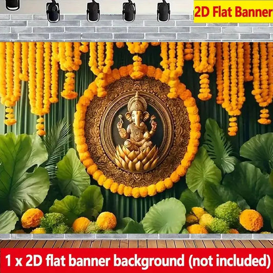 2D Flat, 1pc Golden Ganesh Statue Floral Decorative Backdrop NO-D