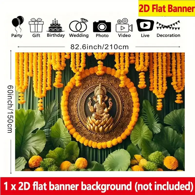 2D Flat, 1pc Golden Ganesh Statue Floral Decorative Backdrop NO-D