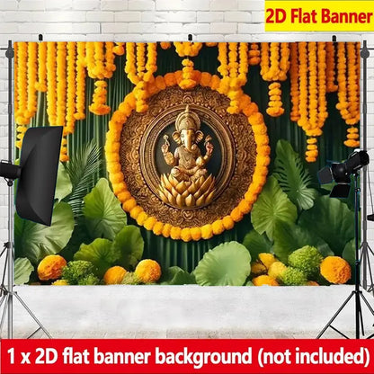 2D Flat, 1pc Golden Ganesh Statue Floral Decorative Backdrop NO-D