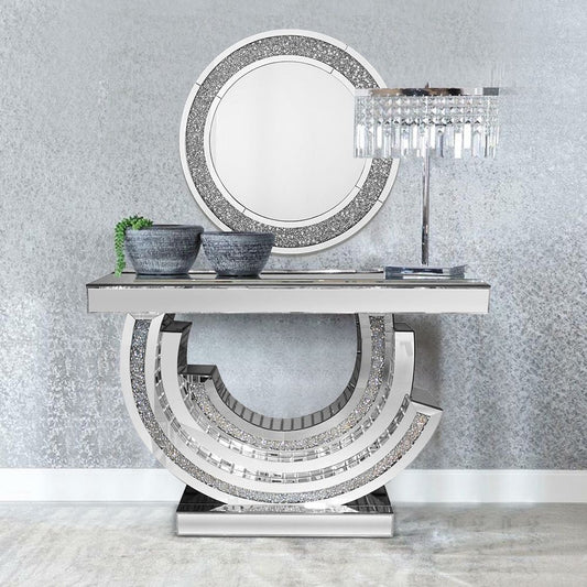 Designer Glass Console Table With Crushed Diamond  Mirror Set