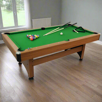 7ft Pool Table with Balls & Cues - Indoor Eight Ball Table - Wood / Green